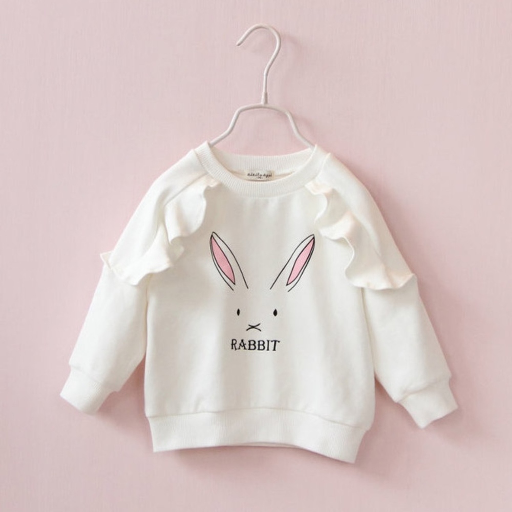 Girl Cotton Crewneck Cute Ruffle White Sweatshirts